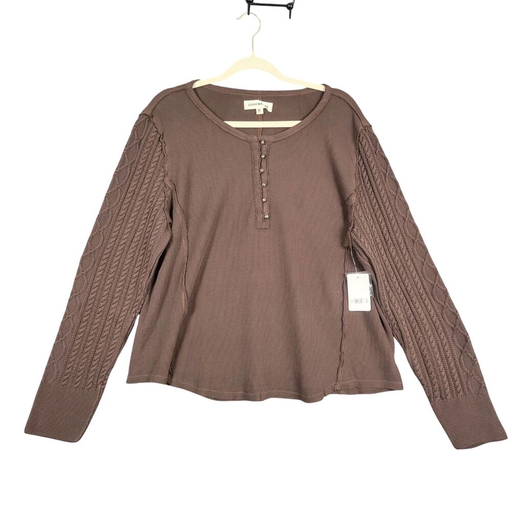 NWT LUCKY BRAND Brown Waffle Knit Henley Top Cable Knit Cottagecore SIZE XXL